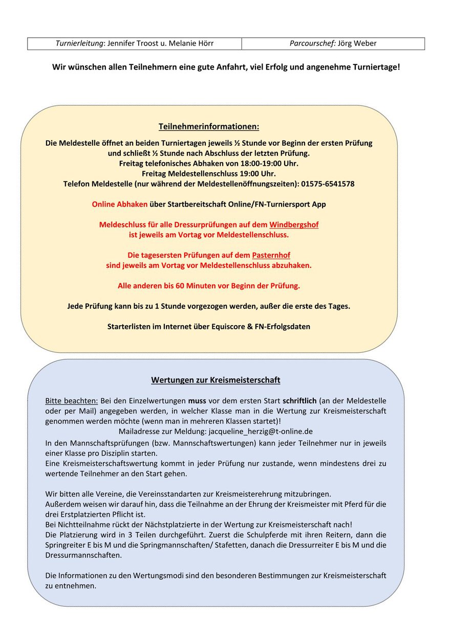 Teilnehmerinformationen und Kreismeisterschaft Pfingstturnier 2026